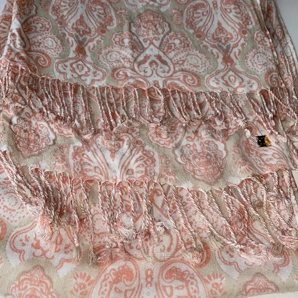 Women's Beautiful Tan & Coral Oblong Scarf with Fringe